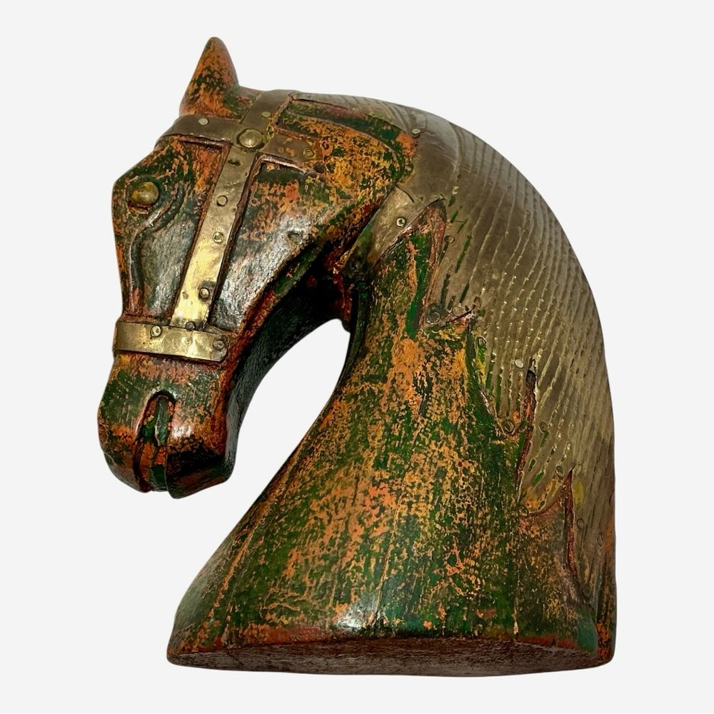 Horse Bust Profile Sculpture Bookend Brass Halter And Mane Over Painted Wood VTG